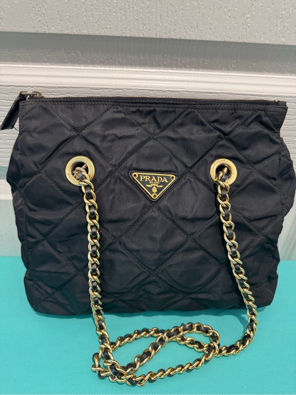 Prada Black Quilted Nylon Crossbody with Gold Chain Handles